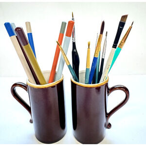 Mid Century Ceramic Brown and Creme Pottery Expresso 4" Mugs Retro Barware